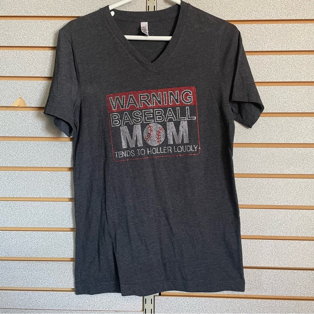 Warning baseball Mom Rhinestone‎ Blingy Short Sleeve T-shirt Small  Bella Canvas